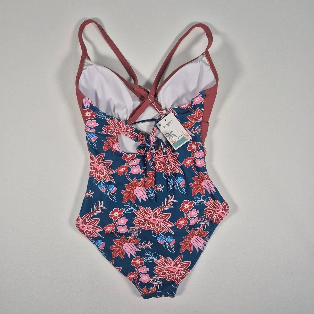 B2PRITY Women Floral One Piece Swimsuit Mauve‎ Navy V-Neck Ruched Size M New
